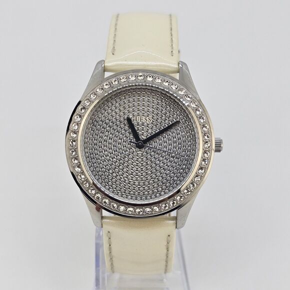 Guess Women's Watch 39MM Crystal Dial Bezel Cream Leather Bands New Battery - Picture 1 of 14